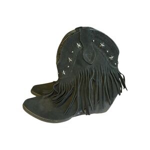 VERY VOLATILE VINTAGE LEATHER WOMENS BOOTS FRINGE BOOTIES BLACK PULL ON SIZE 6